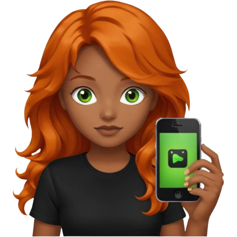 Girl with dark long orange wavy hair, green eyes, and black t-shirt and phone with black  app on hand emoji