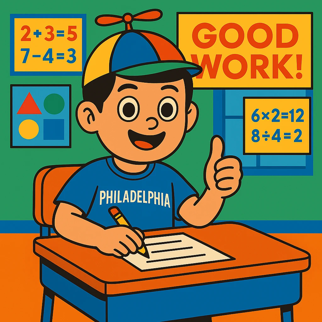 Change Little Johnny's hair to dark brown or black, keeping the rest of the scene the same: boy named Little Johnny, propellor hat, Philadelphia sports shirt, in a classroom with math posters, demonstrating good work habits, colorful and friendly illustration style. emoji