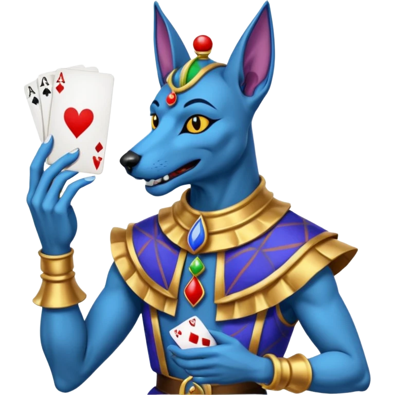 crazy colorful anubi jolly joker from poker, medieval, vintage, court jester, mac os icon, blue color, holds a single poker card on the right paw emoji