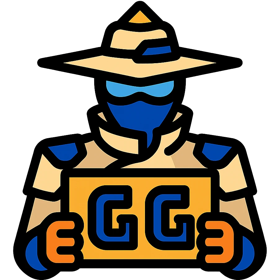 Cypher from Valorant holding a sign with the text 'GG', bold and clean style, modern gaming icon, vibrant and sharp, 500x500 pixels emoji