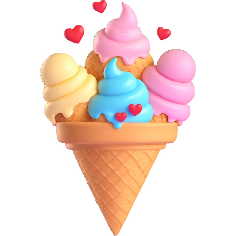 a melting ice cream cone with hearts, in love, whimsical emoji