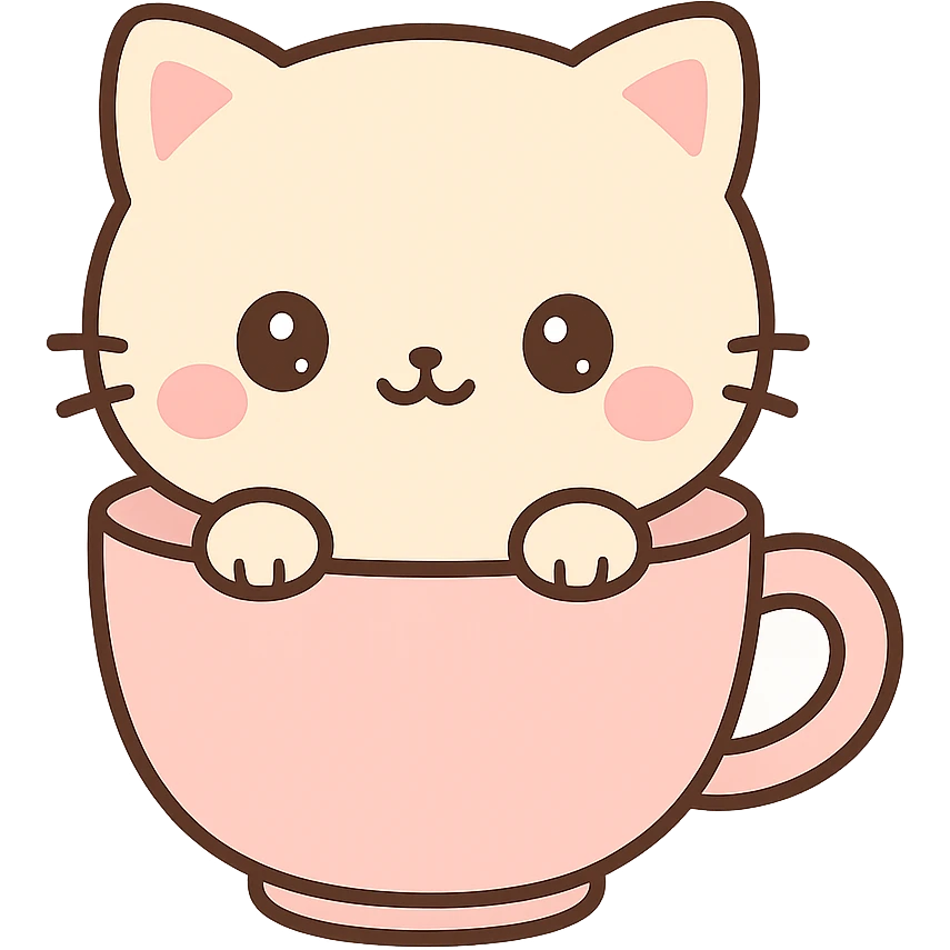 kawaii kitten, peeking out of a teacup, round face, blushing, gentle colors emoji