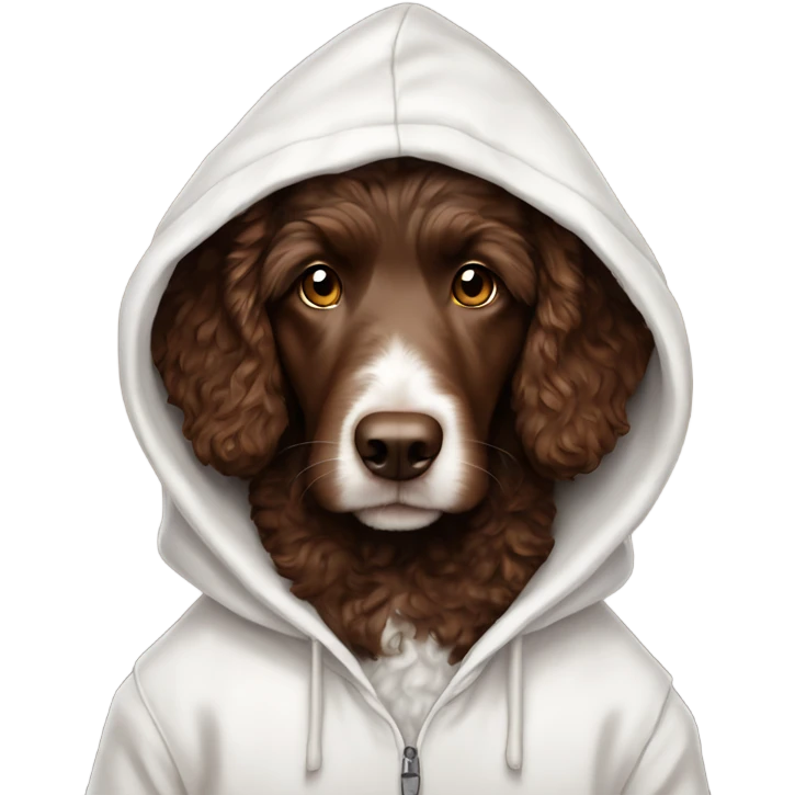 Chocolate brown Aussie doodle in a white hoodie with the hood up emoji
