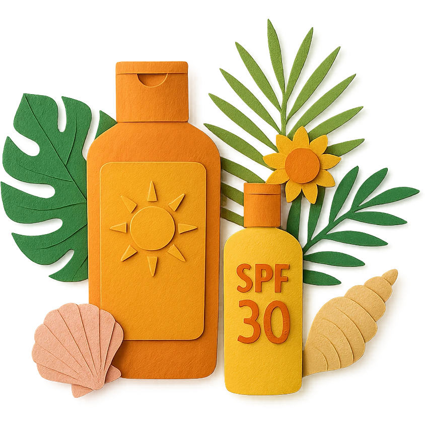 group of sunscreen bottles, shells, and tropical leaves, layered paper effect, paper-craft style emoji
