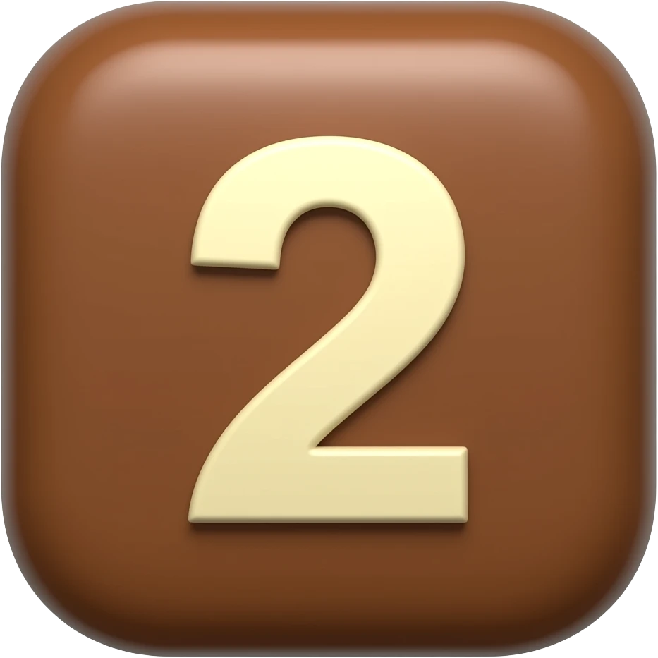 3D icon of rounded cocoa brown block with a creamy beige rounded number 2 centered on it. emoji