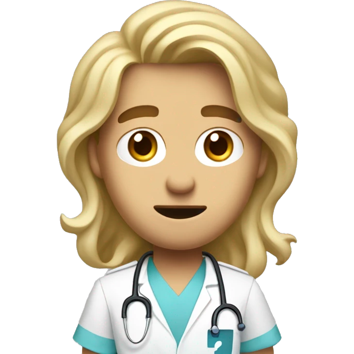 A handsome young male nurse with long, wavy dirty-blonde hair cascading down past his shoulders looks clueless and afraid with a question mark  emoji