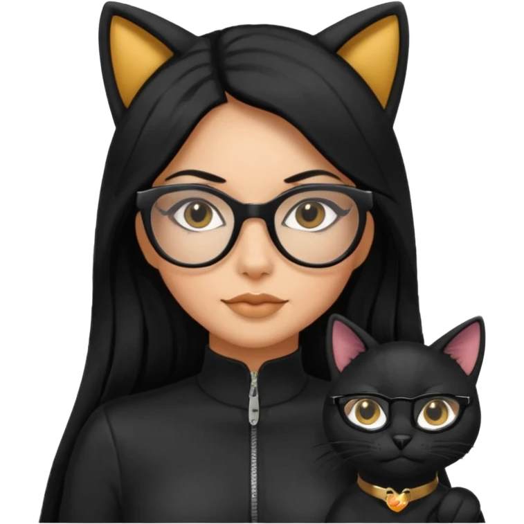 Hispanic woman with long silky hair and glasses in a cat suit emoji