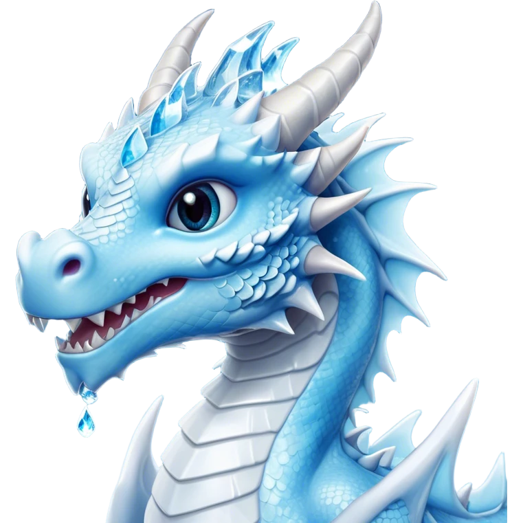 Cinematic Cute Beautiful Ice Dragon Portrait Emoji, Head tilted playfully and inquisitively, featuring a sleek, glacial form with intricately detailed, frost-kissed scales in shimmering blues and sparkling silver, accented by delicate ice crystal patterns and a gentle, enchanting glow; rendered with lifelike clarity and soft, natural light, high shine, charming and cool, styled with a touch of wintry fantasy, soft glowing outline, capturing the essence of a mischievous yet endearing ice guardian poised to twirl playfully into your dreams! emoji