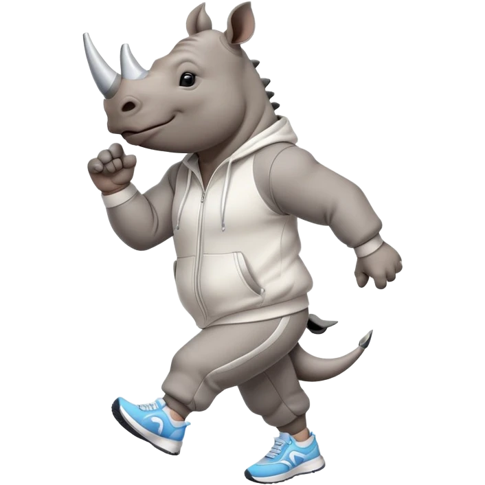 friendly anthropomorphised rhino jogging upright, wearing a sporty tracksuit and sneakers, dark sunglasses, standard pose emoji