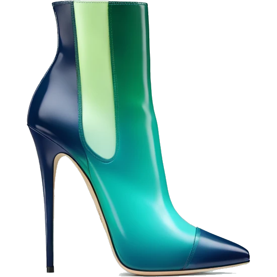 Realistic isolated front top view of a pair of light teal,green,navy blue ombre Jimmy Choo stiletto high heel boots. emoji