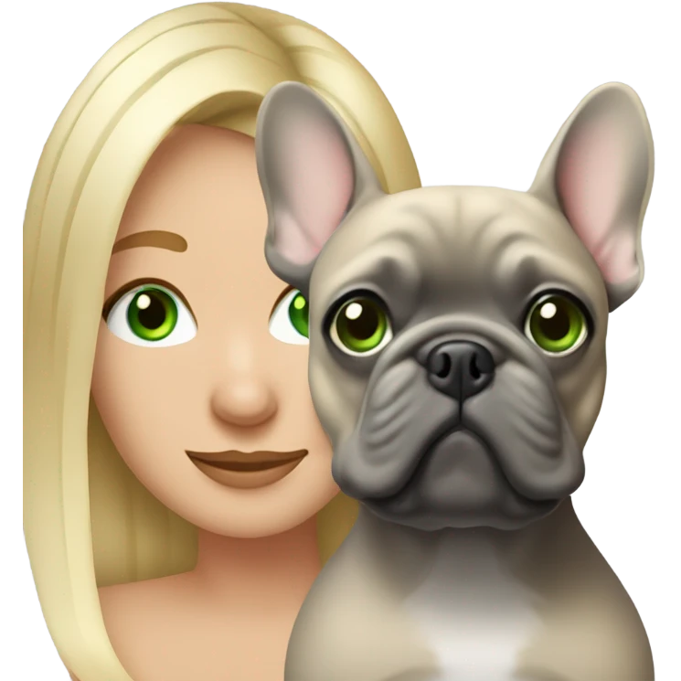 Blonde woman green eyes hugging gray frenchie  emoji