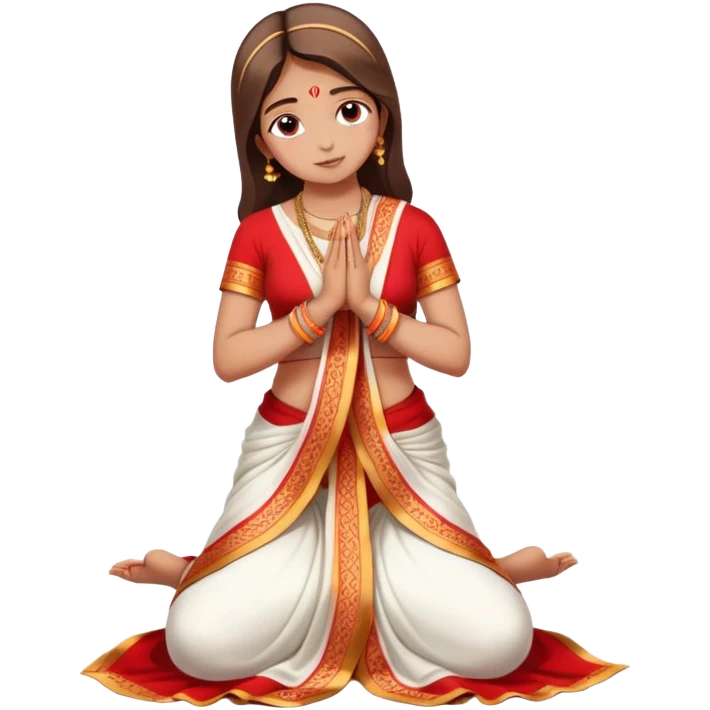 Full body Bengali girl wearing traditional red and white saree with hands joined in prayer position emoji