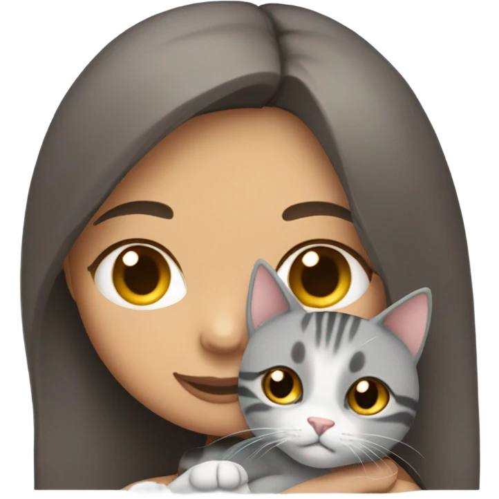 brunette girl snuggling grey tabby cat emoji