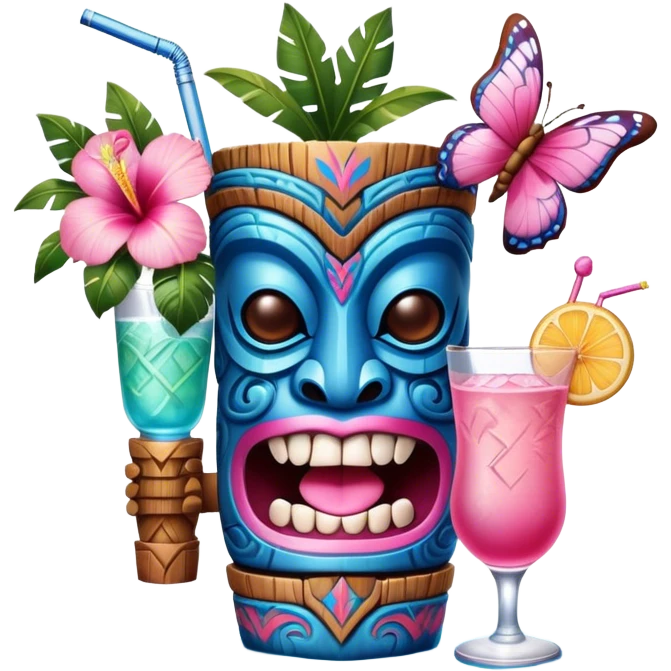 Pixar style little Blue and pink tiki singing with a butterfly and tropical drink, ultra detailed and lifelike imagery, realistic emoji
