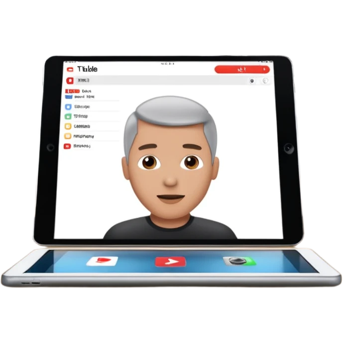 An iPad lying on a desk. On the iPad screen, a YouTube video is playing. The video shows a man talking to camera. The YouTube interface is visible with play bar and title. emoji