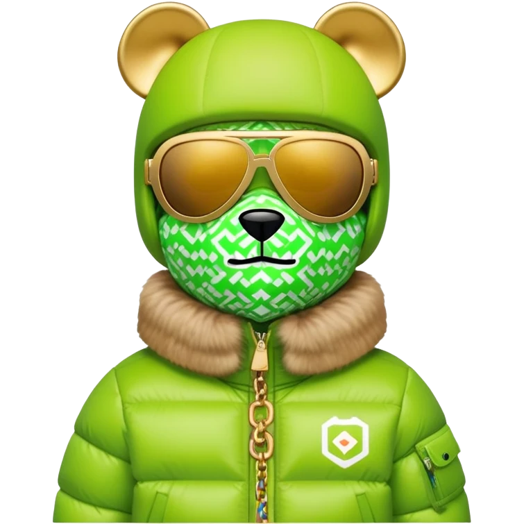 geometric bearbrick wearing lime balaclava with brand logos, continuous horizontal visor sunglasses as one piece across entire face, no eye division, luxury puffy down jacket with fur collar, heavy gold chains emoji