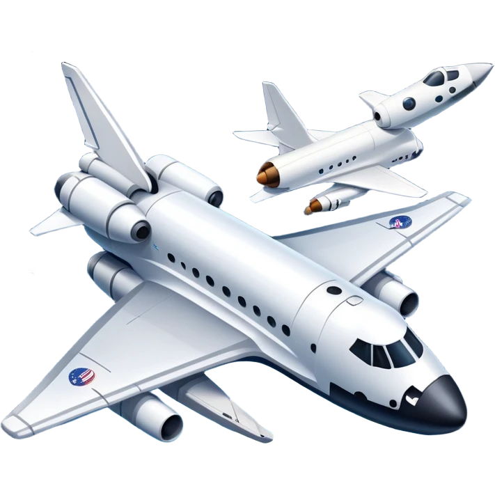An icon featuring a space shuttle, a drone, and an airplane against a starry sky, symbolizing aerospace technology. The design includes rocket boosters and satellite orbits, representing the exploration of space and advanced aviation. Transparent background emoji