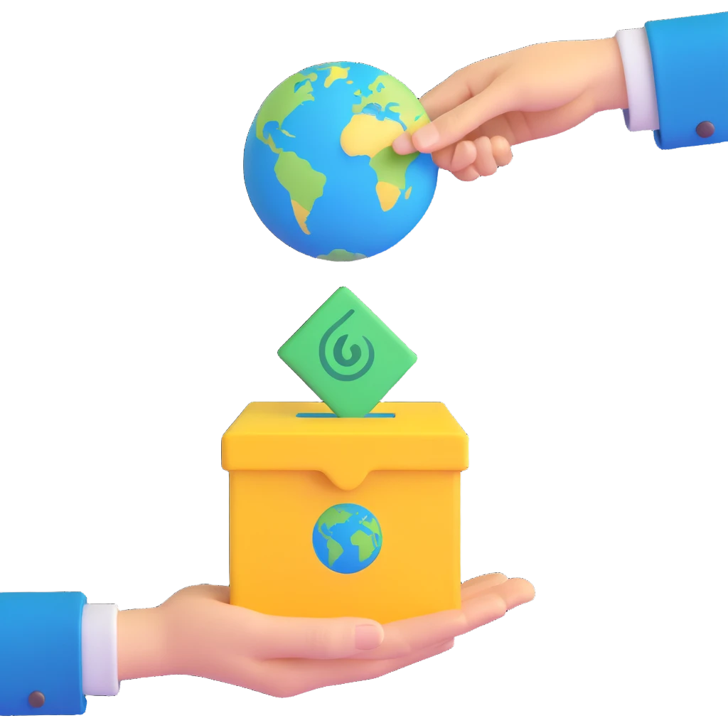 3D illustration of a hand holding a simplified Earth with green and blue colors above a warm yellow ballot box, ready to drop it in, playful style, bold lines, soft textures emoji