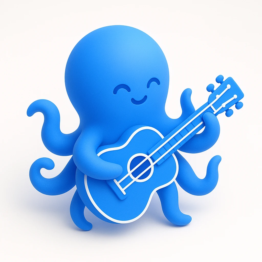 happy octopus with multiple arms playing guitar emoji