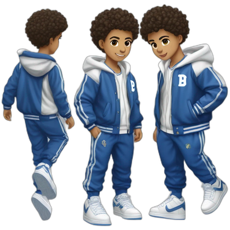 Lightskin boy with short curly hair Wearing a blue and white varsity with a fluffy B on the side and on the other side it says impact . and  dunks low top and matching pants to jacket emoji
