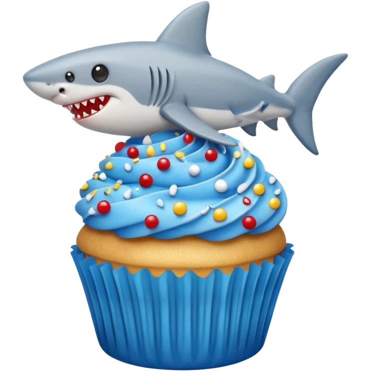 Cupcake  with a  dog  and friendly shark with gloden and silver and blue and red icing  emoji