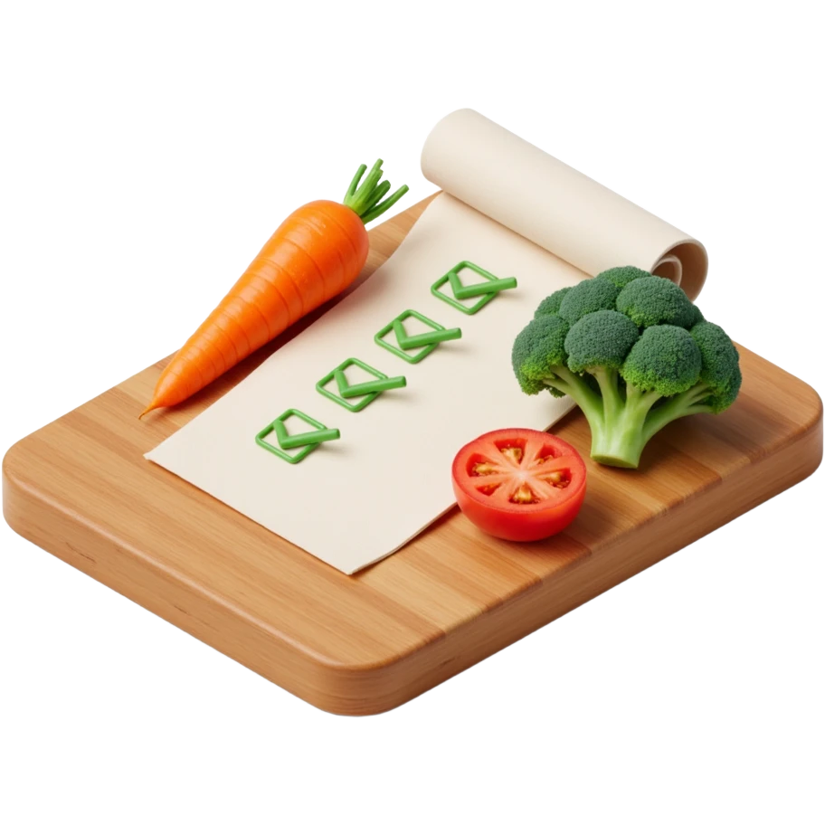 carrot tomato brocoli on the wooden cutting board with floating rolled paper list with green checkboxes emoji
