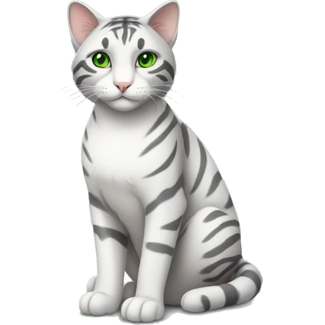 Grey white cat, sitting, green eyes, cute, grey tiger back, white feet emoji