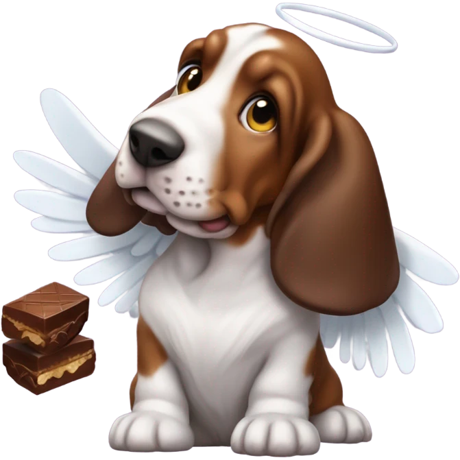 Basset hound with angel wings eating a box of chocolates, with chocolate around his mouth  emoji