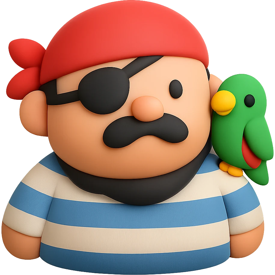 A chubby pirate character with bandana, striped shirt, and parrot on shoulder emoji