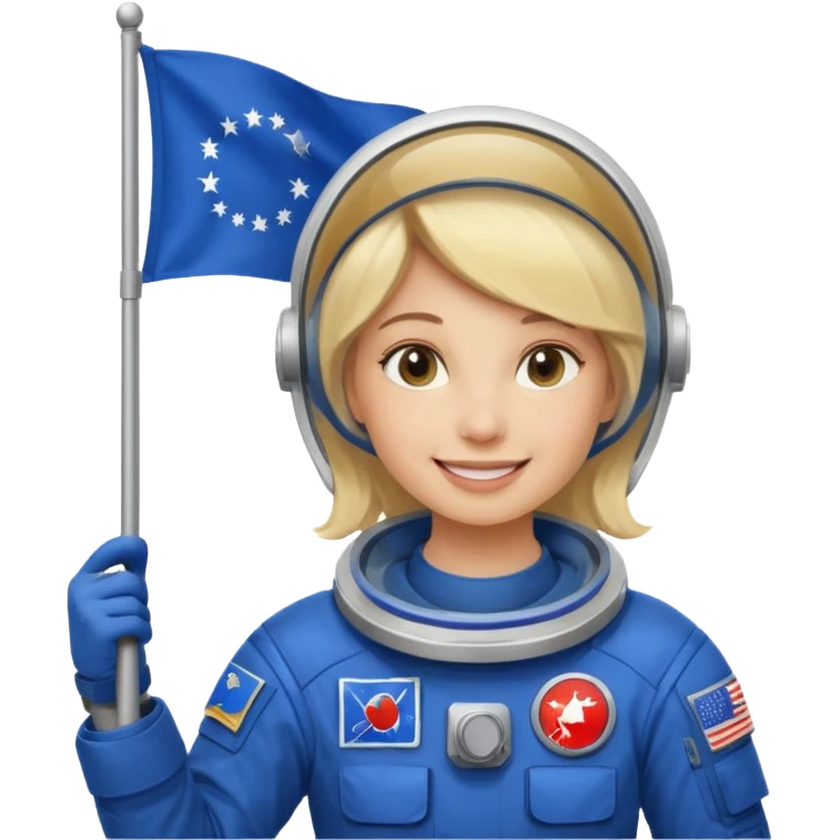 blonde female stronaut holding blue flag emoji
