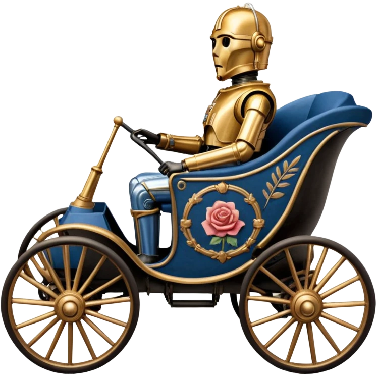 Action in Old American West tarnished C-3PO policeman in 1864 delicately ornate rosegold accents painted buggy powered by electric motors and batteries with safety features and belts flying rapidly across rough terrain  emoji