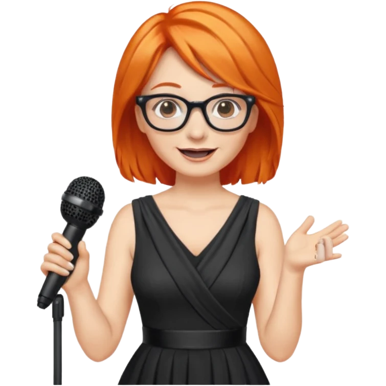 singer, Middle age, orange hair, happy, holding mic, wearing dress, glasses emoji