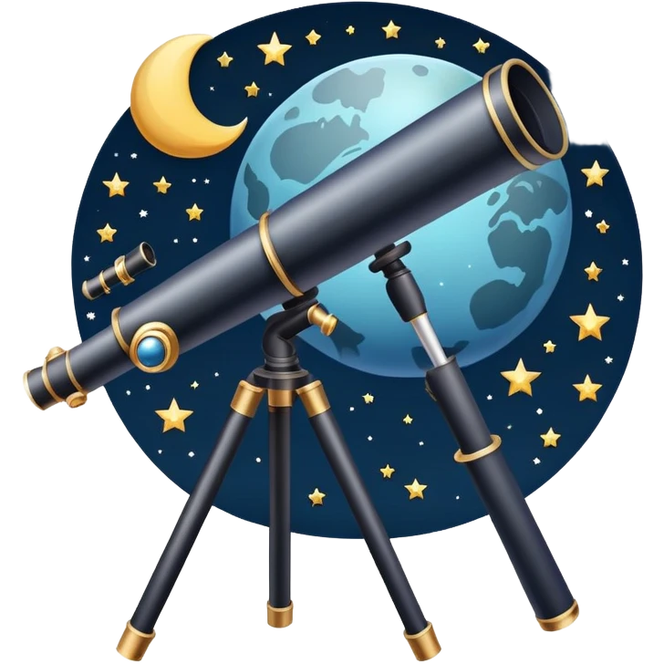An icon featuring a telescope, stars, and a planet, symbolizing astronomy. The design includes a crescent moon, distant galaxies, and constellations, representing the study of space and celestial bodies. Transparent background highlights the exploration of the universe and cosmic phenomena. emoji
