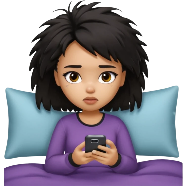 generate a pretty bratz girl with short black messy bed hair, looking tired and using her phone emoji