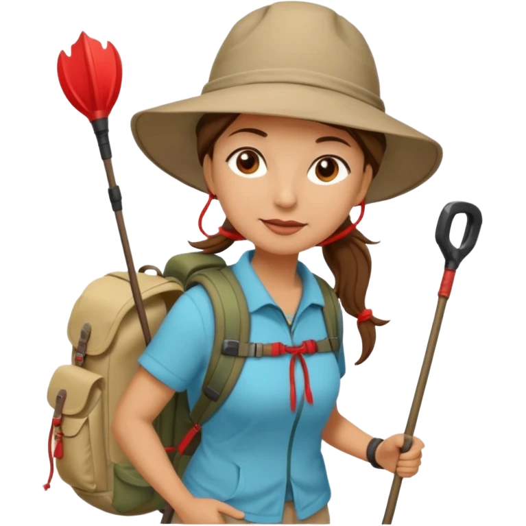 Middle aged women, long brown ponytail with wide brim hiking hat. With backpack and trekking poles. Backpack has a scallop shell with the cross of saint james hanging from it.  Remove the cross and add a scallop shell on a red string hanging from the backpack  emoji