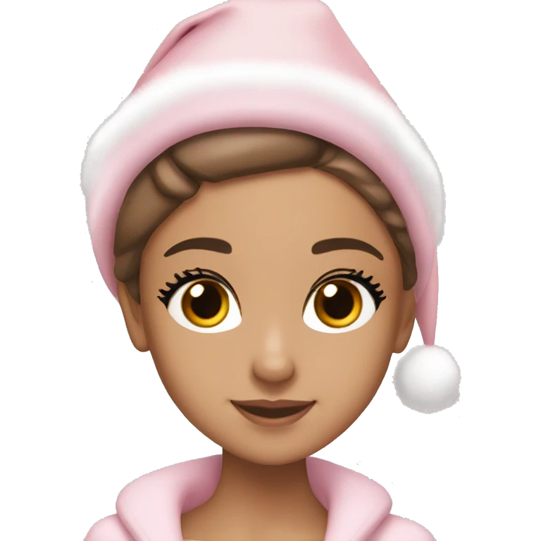 Ariana grande in a light pink christmas outfit wearing a light pink christmas hat emoji