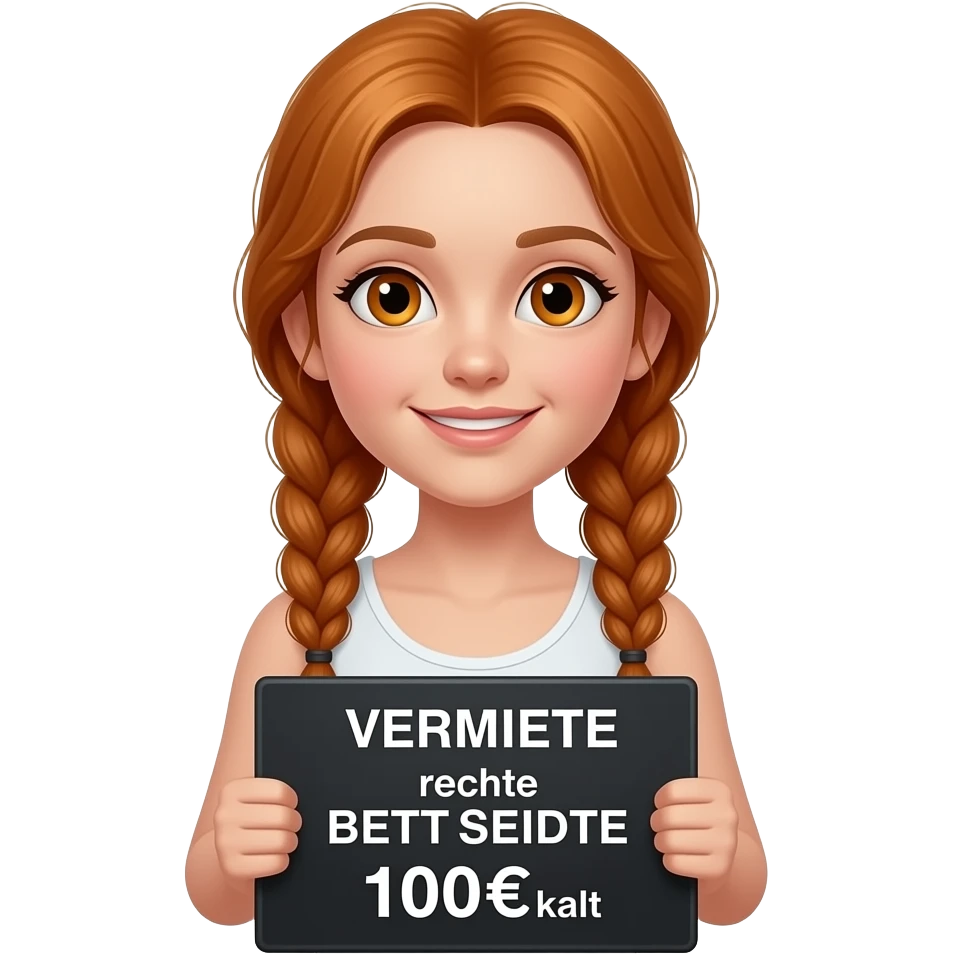 sexy girl with long ginger braids and ginger eyes wearing a white tanktop is holding a black sign with VERMIETE rechte BETTSEITTE 100€ kalt written on it emoji