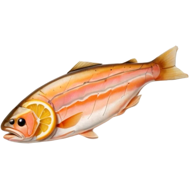 single slice of smoked trout, soft orange-pink hue, delicate marbling, translucent and slightly glossy texture, thin and naturally irregular with subtle folds and gently curved edges, no garnish, plate, or extras, soft lighting, subtle shadows, emoji scale emoji