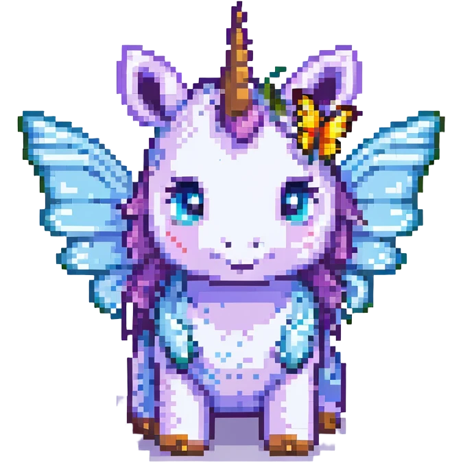 colorful baby unicorn with butterfly wings, pixel art style emoji