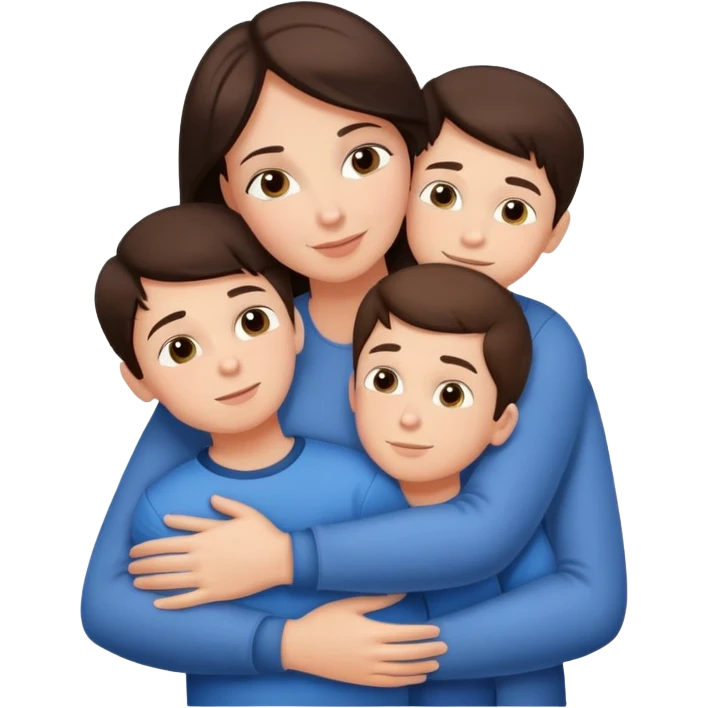 Brunette mom hugging 3 sons, realistic  emoji