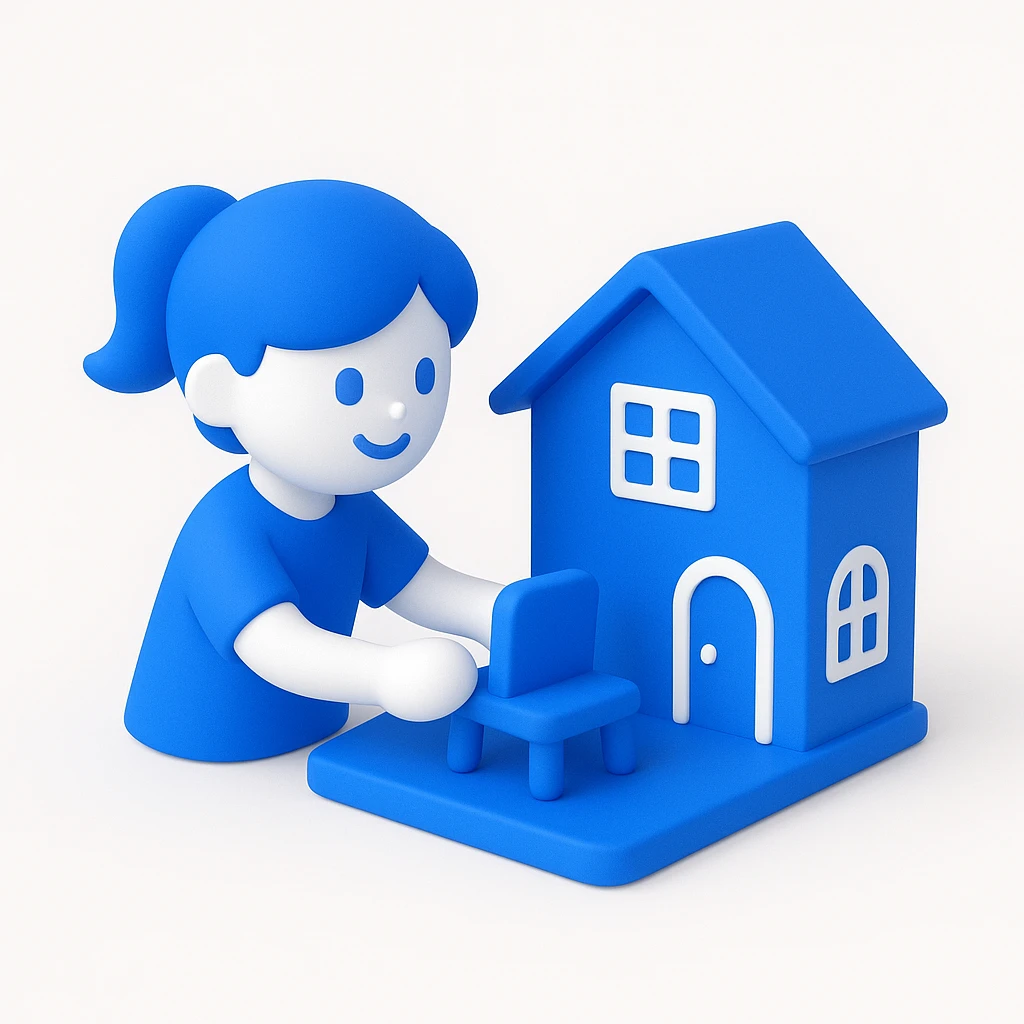 smiling girl arranging furniture in doll house emoji