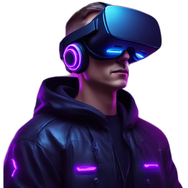 Russian man wearing a black hoodie with "OMG" letters on it and VR headset in a cyberpunk VR environment with violet neon lighting. emoji