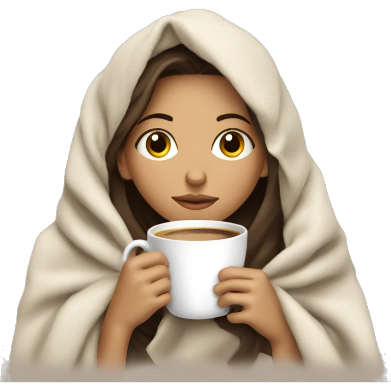 girl inside a blanket sipping coffee eyes closed, brunette with fair skin emoji