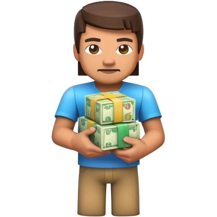 emoji style icon, minecraft blocky character holding a stack of money, pixel art style, bright colors, simple background, 3D glossy emoji, centered composition, soft shadow, high detail, clean outline, white background emoji