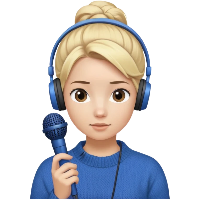 a girl with blue knitwear with a blonde hair
bun and her job is a podcaster (recording microphone in front of her face and a headphone in her head) emoji