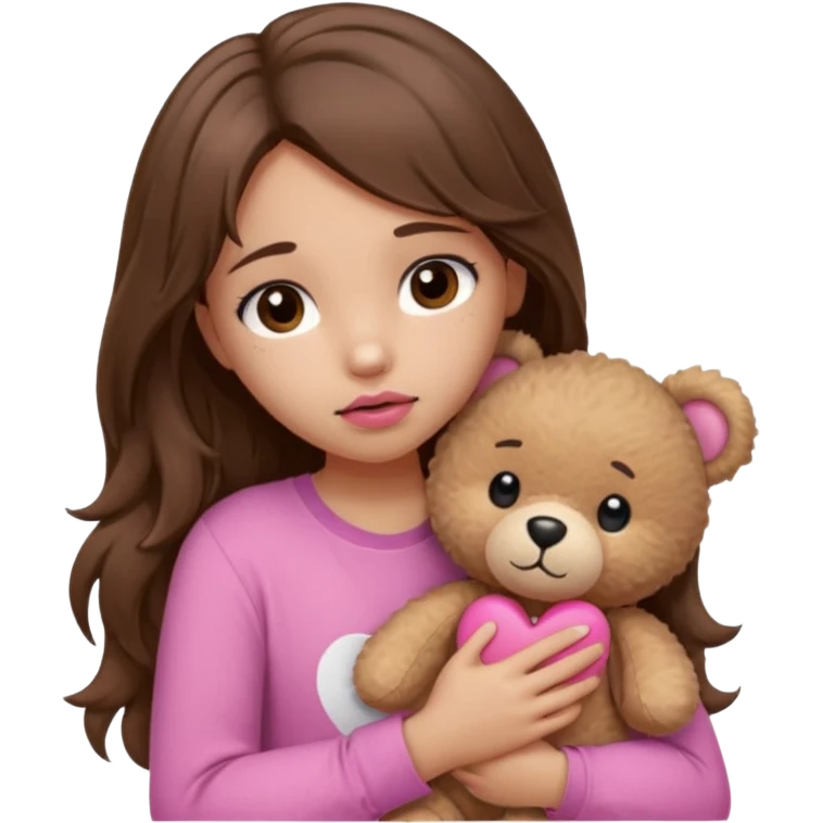 girl with long wavy brown hair, brown eyes, light to medium complexion, in a pink shirt, pink lips, long lashes, sad, hugging squeezing a teddy bear with heart band aid emoji