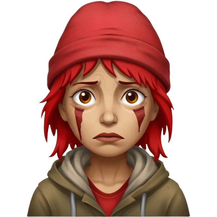 very dirty looking homeless woman with ripped red hat with ugly hair emoji