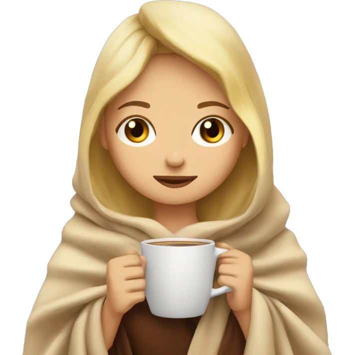 girl inside a blanket sipping coffee eyes closed with blonde hair emoji