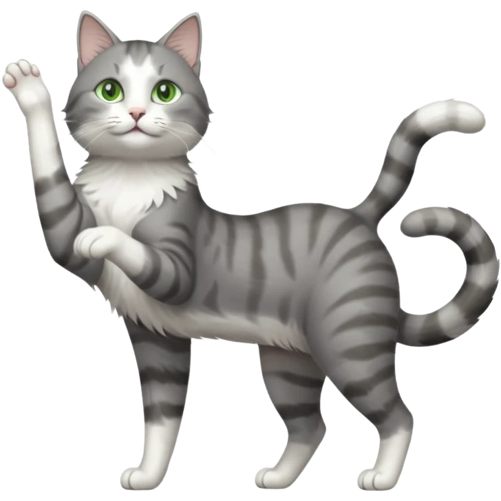 grey and white cat with green eyes doing a big extremely long stretch reaching up into the air with arms and legs side by side together straight and overextended emoji