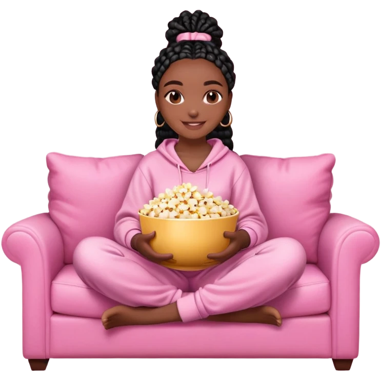 A dark-skinned Black woman with black box braids, holding a large bowl of popcorn in her lap, smiling, wearing comfy loungewear sitting on pink couch. emoji